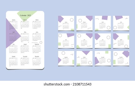 Beautiful Graphical Calendar for 2022. Week starts on Monday. 12 Month set.