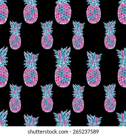 Beautiful graphically bright pineapple pattern on black background - vector