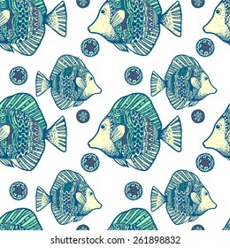 Beautiful graphically ethnic fish pattern - vector