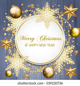 Beautiful gray christmas background with gold stars, balls, confetty and place for text. Vector illustration