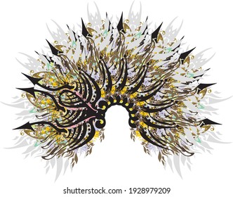 Beautiful gray and golden arch colorful splashes. Feather elements, black arrows and golden and colored floral motifs formed an arch similar to a sunflower flower for prints, textiles, wallpaper, etc.