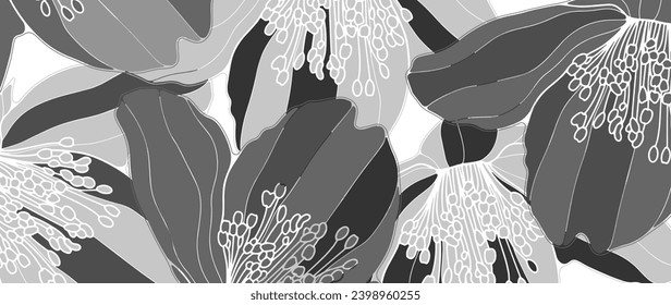 Hermoso fondo floral vectorial gris con delicadas flores. Fondo monocromo, afiche, pancarta, tarjeta botánica, cubierta, impresión.