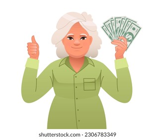 A beautiful gray-haired old woman with money in her hand. An elderly woman holds dollar bills in one hand, and the other shows a gesture of approval. A happy businesswoman. Vector illustration 