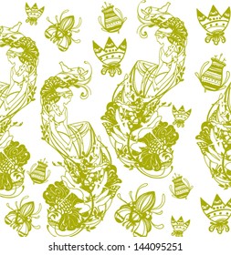 Beautiful Greek goddess. VECTOR Pattern, with flowers .  Seamless pattern in green color