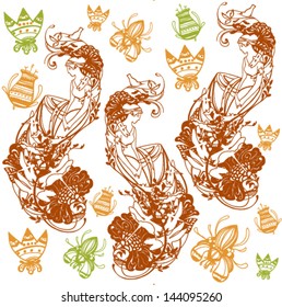Beautiful Greek goddess. VECTOR Pattern, with flowers .  Seamless pattern in orange color