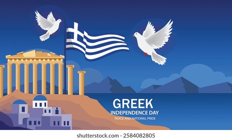 A beautiful Greek Independence Day banner featuring doves flying above the Parthenon, with the Greek flag waving in the background, symbolizing peace, heritage, and national pride.