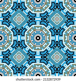 Hermoso patrón griego impecable. Repetir el fondo tribal abstracto. Llave griega, con un estilo étnico adorno colorido. Diseño geométrico moderno en colores azul blanco negro. Flores abstractas, formas.