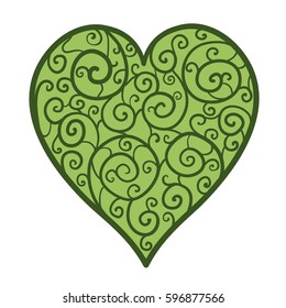 Beautiful green abstract heart of spiral lace. Isolated on white. Greeting card and invitation of wedding, Valentine's Day, mother's day, birthday,  and seasonal holiday. Vector illustration.
