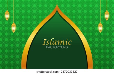 A beautiful green background with Islamic patterns, golden decorations and an editable text