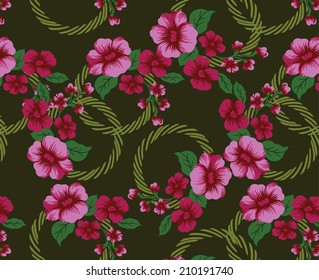 Beautiful green background with lined of romantic pink flowers.