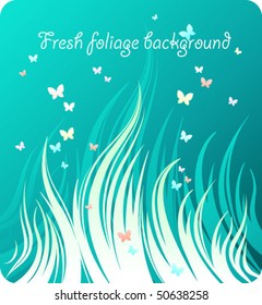 Beautiful green background with stylized grass and butterflies