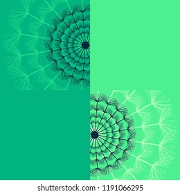 Beautiful green background with two stylized abstract black dandelions. Floral stylish trendy wallpaper with summer or spring flowers. Modern backdrop. Vector illustration