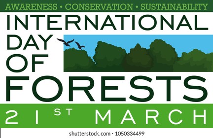Beautiful green banner with some precepts about forest conservation and a landscape with a forest to celebrate International Day of Forests in March 21.