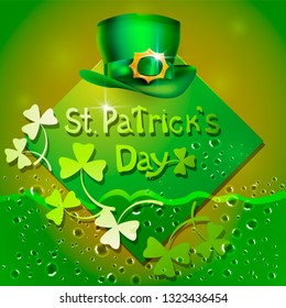 Beautiful green banner for St. Patrick's Day. The inscription with sheets of shamrock and drops of beer on a golden background and a green hat.