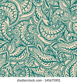 beautiful green and beige abstract pattern with leaves and swirls. vector illustration 