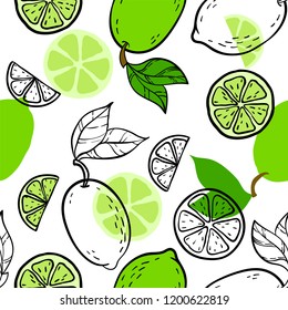 Beautiful green, black and white seamless doodle pattern with cute doodle limes sketch. Hand drawn trendy background. design background greeting cards, invitations, fabric and textile.