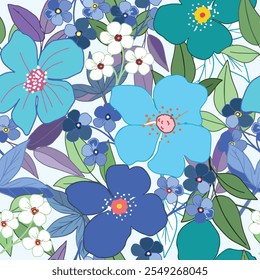 Beautiful green blue and white flower with leaf seamless pattern