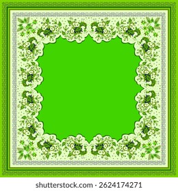 Lindo lenço boho verde com quadro ornamental e centro vazio. Aves de fadas, bagas, folhas, flores e ornamento de rendas. Lindo padrão de folclore.