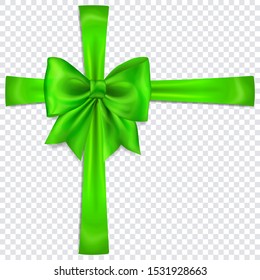 Beautiful green bow with crosswise ribbons with shadow on transparent background