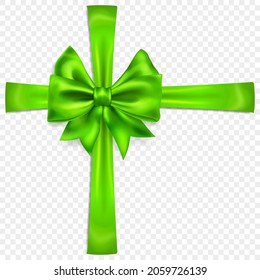 Beautiful green bow with crosswise ribbons with shadow, isolated on transparent background. Transparency only in vector format