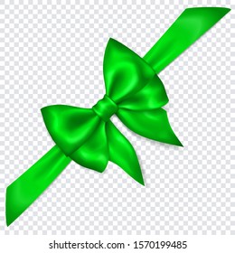 Beautiful green bow with diagonally ribbon with shadow on transparent background. Transparency only in vector format