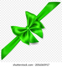 Beautiful green bow with diagonally ribbon with shadow, isolated on transparent background. Transparency only in vector format