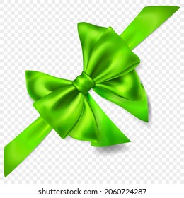 Beautiful green bow with diagonally ribbon with shadow, isolated on transparent background. Transparency only in vector format