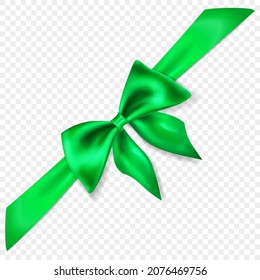 Beautiful green bow with diagonally ribbon with shadow, isolated on transparent background. Transparency only in vector format