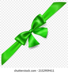 Beautiful green bow with diagonally ribbon with shadow, isolated on transparent background. Transparency only in vector format