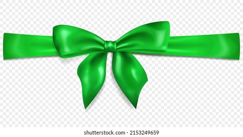 Beautiful green bow with horizontal ribbon with shadow, isolated on transparent background. Transparency only in vector format