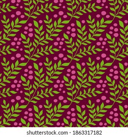 beautiful green branches with pink berries on a dark cherry background - seamless vector pattern for fabric, packaging, printing and web design