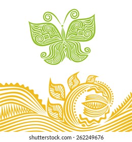 Beautiful green butterfly and nature pattern background vector illustration