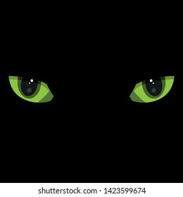 Beautiful green cat eyes on black background. Simple flat vector illustration.