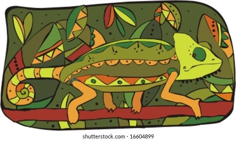 Beautiful green chameleon decorated with an ornament among leaves