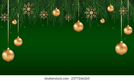 Beautiful green Christmas background with amazing golden snowflakes with various ornaments, Christmas balls, pine branches and place for text.