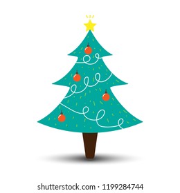 Beautiful Green Christmas tree, Vector illustration on a white background, Modern flat icon design.