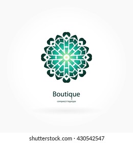 Beautiful green circular logo. Logotype for antique boutique, sweets. Company mark, emblem, element. Simple mandala. Business, invitations. Kaleidoscope big bud. Abstract decorative flower.