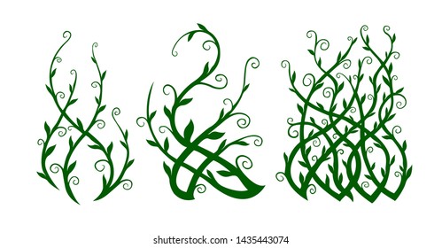 Beautiful green clip arts with ornate liana shapes on white background