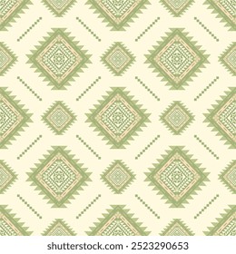 Beautiful Green Coconut Tree Motif Border. Delicate Aztec Tribal Nature Fresh Design Seamless Pattern Vector. Abstract Repeat on Beige Background Traditional Handcraft Embroidery Silk Weaves Homespun.