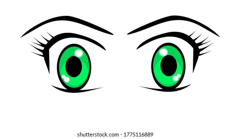 Beautiful green colored anime eyes, cartoon style 