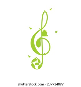 Beautiful green colored treble clef with floral elements, nesting box and birds isolated on white background. Logo template, design element