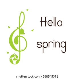 Beautiful green colored treble clef with floral elements, nesting box, birds and brown colored lettering Hello spring isolated on white background. Design element