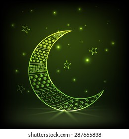 Beautiful green crescent moon decorated by different shapes on stars decorated shiny background for Muslim community festival, Eid celebration.