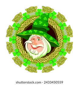 Hermosa decoración verde con trébol y viejo divertido. Símbolo del día de San Patricio. Dibujo étnico irlandés. Patrón de nudo celta. Impresión para logotipo, icono, moneda, tatuaje, camiseta. Ilustración vectorial plana.