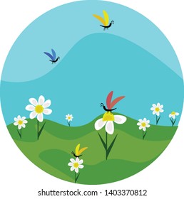 A beautiful green field with lot of chamomile flowers and butterflies on it , vector, color drawing or illustration.