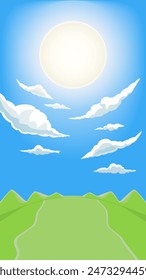 beautiful green field clouds blue sky sun. Vector Illustration