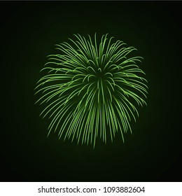 Beautiful green firework. Bright firework isolated on black background. Light green decoration firework for Christmas, New Year celebration, holiday, festival, birthday card Vector illustration