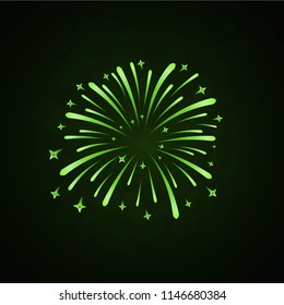 Beautiful green firework. Bright firework isolated on black background. Light green decoration firework for Christmas, New Year celebration, holiday, festival, birthday card Vector illustration