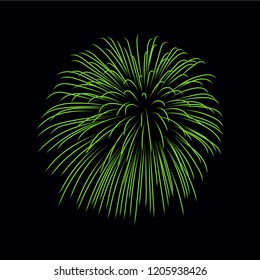 Beautiful green firework. Bright firework isolated on black background. Light green decoration firework for Christmas, New Year celebration, holiday, festival, birthday card Vector illustration