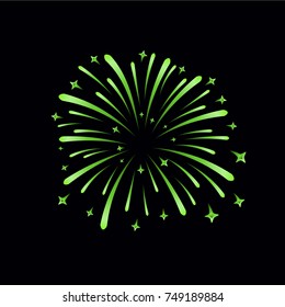 Beautiful green firework. Bright firework isolated on black background. Light green decoration firework for Christmas, New Year celebration, holiday, festival, birthday card Vector illustration